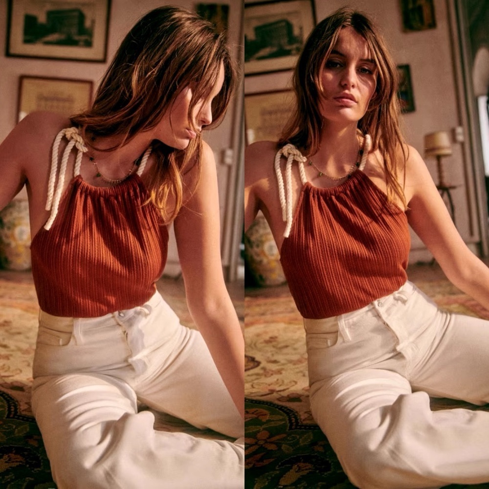 NWT Sezane Jill Top Coffee Brown Size Large Organic Cotton Size Large New W Tags